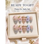 Pastel‑Bloom 3D Floral Press‑On Nails, Medium‑Long Almond Handmade False Nails with Gold Chains & Rhinestones